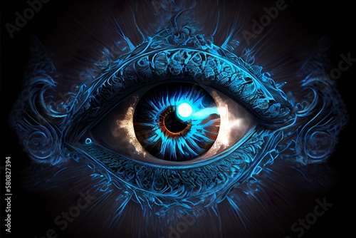 Blue providence eye looking at you. Spiritual occult eyeball, symbol of sacred secret knowledge. AI generative