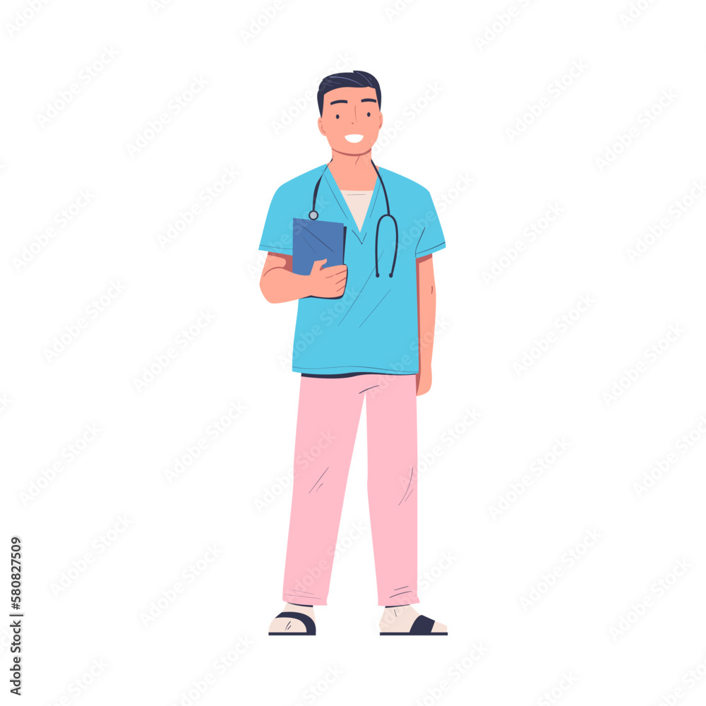 Smiling Man Doctor or Physician Character in Uniform Standing with Clipboard and Stethoscope Vector Illustration Smiling Man Doctor or Physician Character in Uniform Standing with Clipboard and Stethoscope Vector Illustration