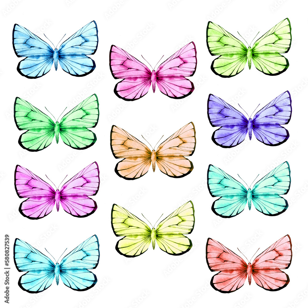 Light butterflies set. Watercolor illustration, poster. Light butterflies set. Watercolor illustration, poster.