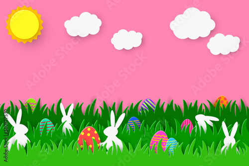 Easter egg hunt background with rabbits and coloured eggs hidden in the grass. Paper cut style. Vector illustration