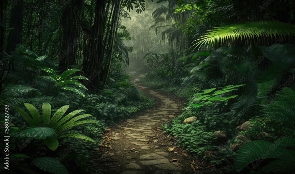  a path in the middle of a jungle with lots of trees and plants on either side of it and a stone path in the middle of the jungle.  generative ai