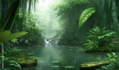  a stream running through a lush green forest filled with lots of trees and plants  with a waterfall in the middle of the stream  surrounded by lush vegetation.  generative ai