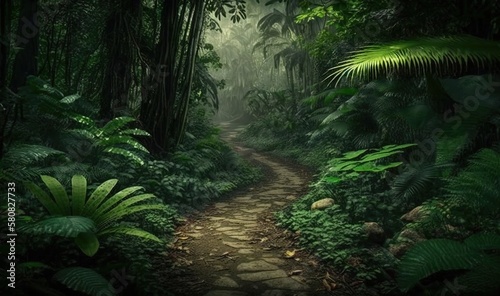  a path in the middle of a jungle with lots of trees and plants on either side of it and a stone path in the middle of the jungle. generative ai