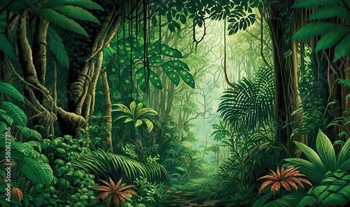  a painting of a jungle with lots of green plants and trees and a path leading to a forest with lots of trees and bushes and plants.  generative ai