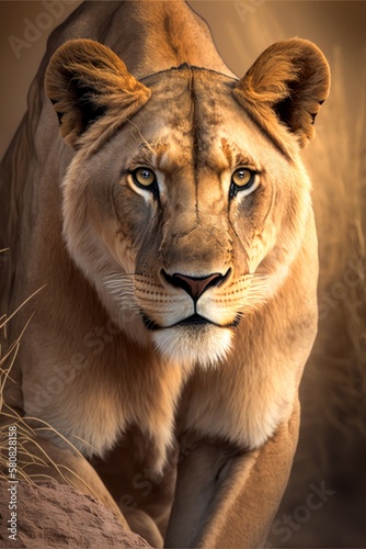 Full body of magnificent wild lioness standing on wild life in nature  generative ai