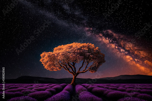 A lone tree in the middle of a lavender field. Generative AI © Oleksandr
