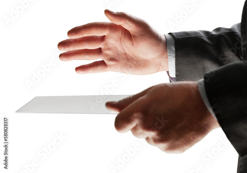 Businessman hand holds virtual panel