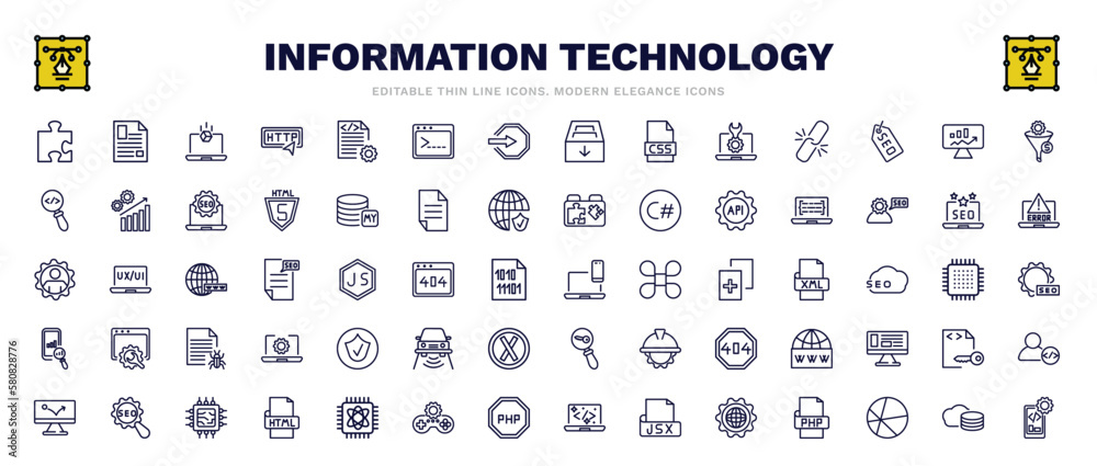 set of information technology thin line icons. information technology outline icons such as addon, simulation, seo funnel, code listing, cross-platform, authorize, seo configuration, cloud storage,