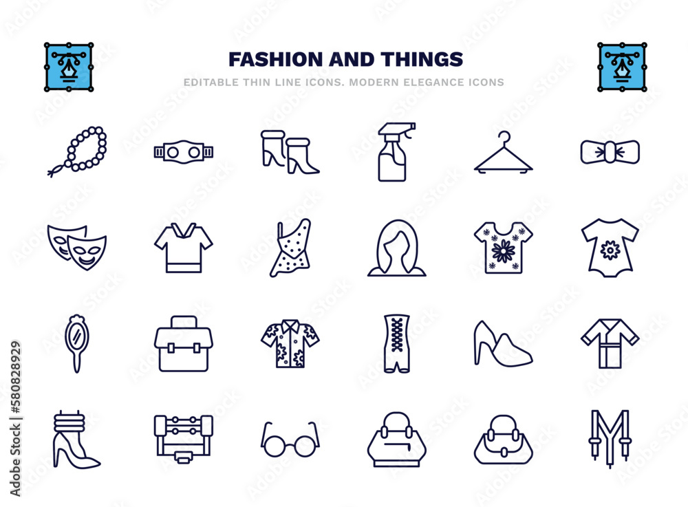 Fototapeta premium set of fashion and things thin line icons. fashion and things outline icons such as tasbih, woman boots, clothing hanger, safety shirt, t shirt with flowers, office briefcase, hell, boxing ring,