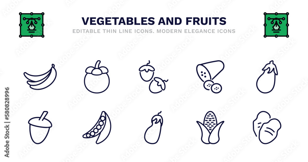 set of vegetables and fruits thin line icons. vegetables and fruits outline icons such as mangosteen, hazelnut, cucumber, aubergine, acorn, acorn, peas, eggplant, corn, tuber vector.