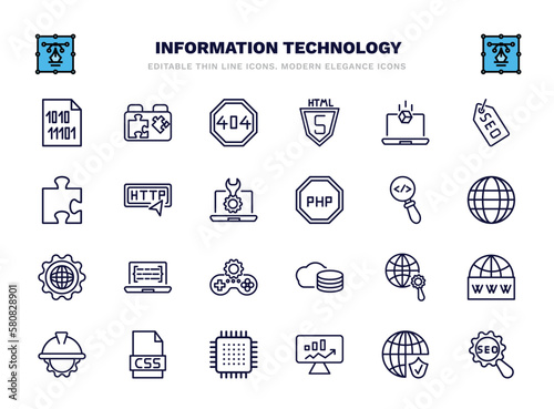 set of information technology thin line icons. information technology outline icons such as binary file, error 404, simulation, http, code review, code listing, optimization, css file format, seo