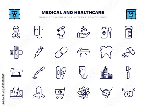 set of medical and healthcare thin line icons. medical and healthcare outline icons such as skull and bone, microscope tool, syrup medicine bottle, syringe with medicine, molar tooth, dosage medical