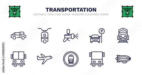 set of transportation thin line icons. transportation outline icons such as scooter bike, car painting, car parking, diesel train, public transport, public transport, planes, tram stop label, public