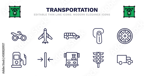 set of transportation thin line icons. transportation outline icons such as airplane pointing up, long car, hands free device, alloy wheel, petrol station, petrol station, slim, bus front with