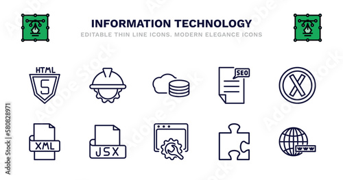 set of information technology thin line icons. information technology outline icons such as engineering, cloud storage, seo report, error, xml, xml, jsx, web optimization, addon, www vector.