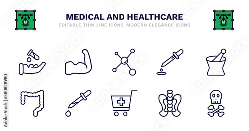 set of medical and healthcare thin line icons. medical and healthcare outline icons such as strong, molecular configuration, dosage medical tool, phary tool, colon, colon, eye dropper, phary