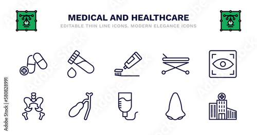 set of medical and healthcare thin line icons. medical and healthcare outline icons such as blood analysis, brush with tooth paste, hospital bed side view, eye scanner medical, pelvic area, pelvic