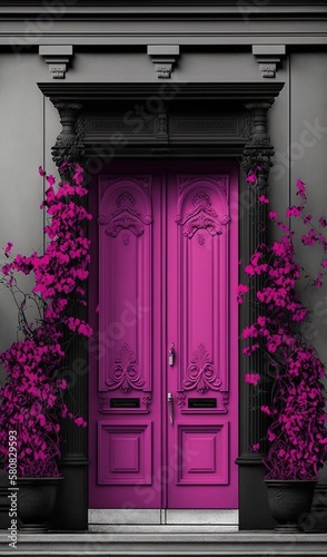  a purple door with two planters on either side of it and a pink door with two planters on either side of the door. generative ai