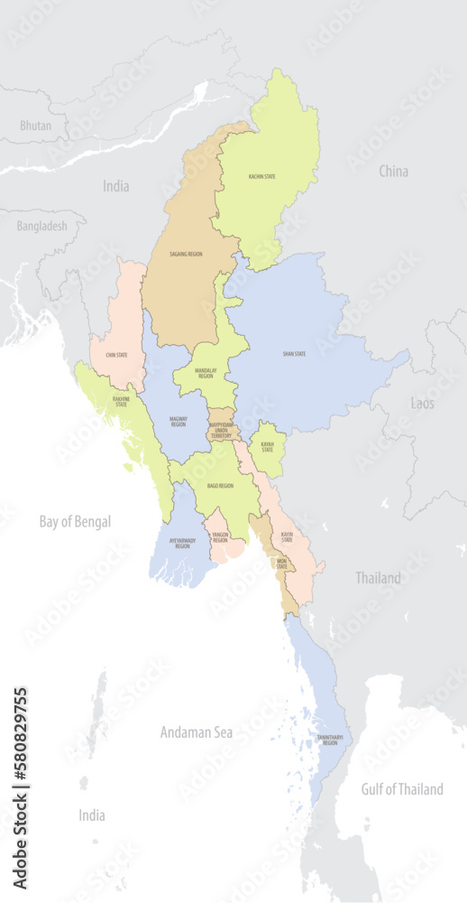 Detailed map of Myanmar with administrative divisions and borders of neighboring countries, vector illustration on white background