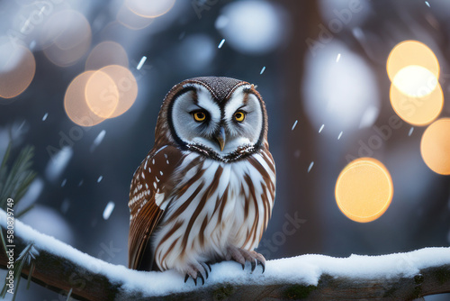 Sparrow owl in winter coniferous forest on the snowy branches of a fir tree. Wildlife imagery, comforting atmosphere, the concept of ecological environment. Generative AI © mikhailberkut