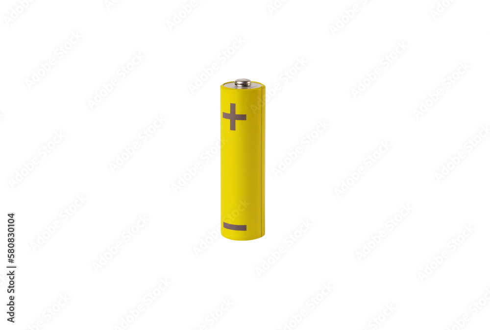 AA battery, yellow cylinder alkaline charge with plus and minus isolated on white background AA battery, yellow cylinder alkaline charge with plus and minus isolated on white background