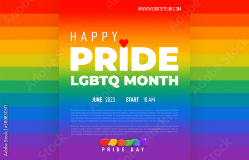 Happy Pride month poster 2023. LGBT, Gay rights. Pride month landing web, banner page template for LGBT rights or social issues event. LGBT Symbols with vector pride flag or Rainbow colored.