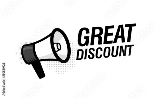 Great discount label with megaphone. Super sale. Modern flat style vector illustration