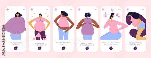 The app design with pregnancy symptoms. She has got INCREASED APPETITE, Weight gain, BABY KICKING, Changes breasts, Heartburn DURING PREGNANCY.  Good for mobile stories, UI UX design.
