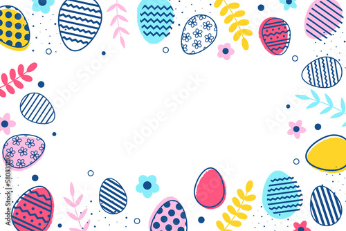 Pastel Easter eggs and flowers on transparent background. Minimal design for card, poster and banner. PNG illustration