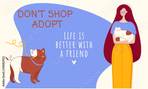banner don't shop,adopt.A happy girl with a cat and a dog with a heart.Charity and animal adoption concept.Vector