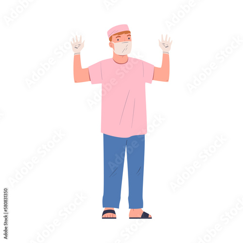 Man Doctor or Physician Character in Uniform and Mask Standing with Raised Hands in Gloves Vector Illustration