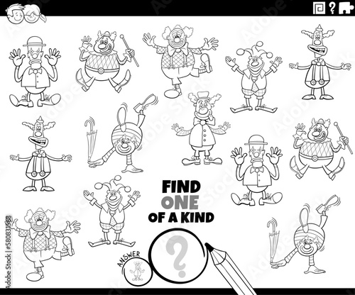 one of a kind game with cartoon clowns coloring page