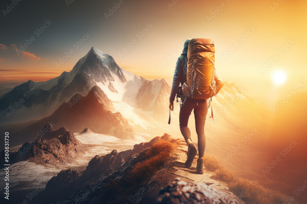 creative illustration of a young woman hiking through the mountains with her big backpack on a beautiful hiking trail . Generative AI creative illustration of a young woman hiking through the mountains with her big backpack on a beautiful hiking trail . Generative AI