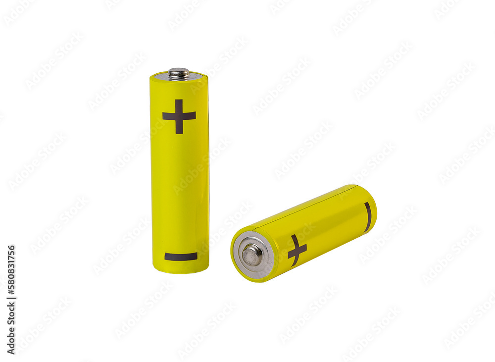 AA batteries, yellow cylinder alkaline with plus and minus isolated on white background AA batteries, yellow cylinder alkaline with plus and minus isolated on white background