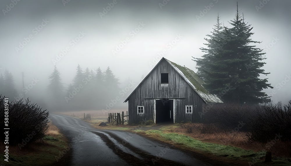 An old abandoned barn in the foggy rain of the countryside of the Pacific Northwest. Generative AI. An old abandoned barn in the foggy rain of the countryside of the Pacific Northwest. Generative AI.