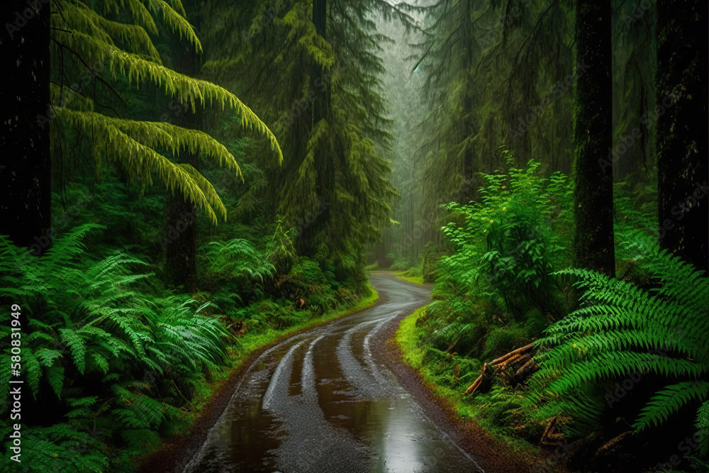 Fototapeta premium a wet earthy road in the forest with green trees. Generative AI