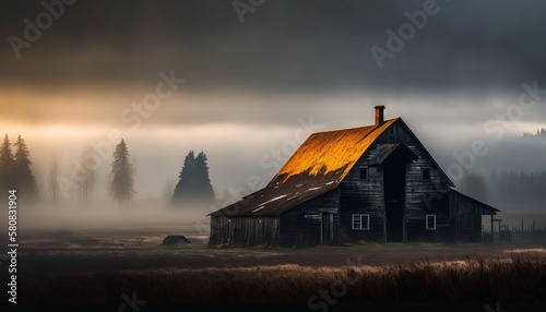 An old abandoned barn in the foggy rain of the countryside of the Pacific Northwest. Generative AI.