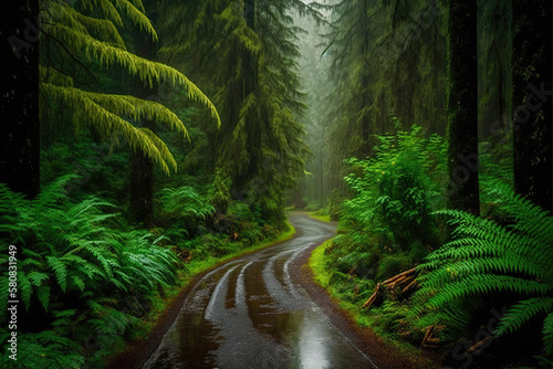 a wet earthy road in the forest with green trees. Generative AI
