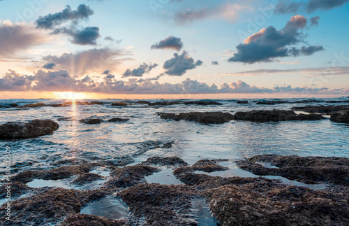 beautiful sunset  over the rocky coast in summer