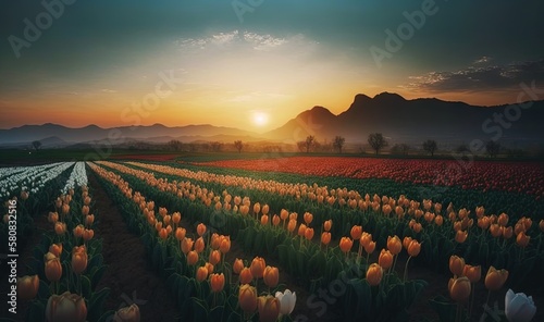  a field of tulips with the sun setting in the background and mountains in the distance, with a field of tulips in the foreground. generative ai