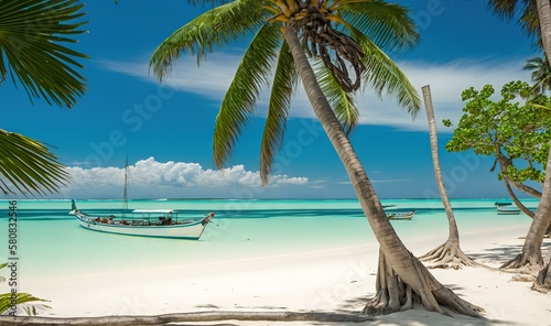  a boat on a beach with a palm tree in the foreground and another boat in the distance on the water in the distance,. generative ai