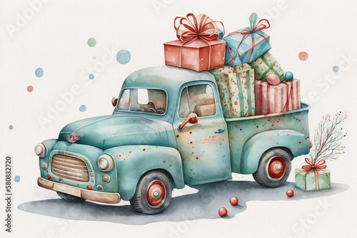 Vintage truck loaded with Christmas presents watercolor, Generative AI