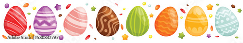 Easter eggs in a row with and sprinkled with sugar