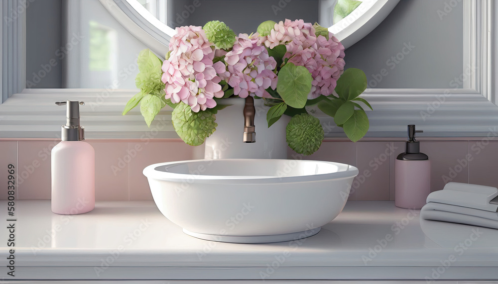ภาพประกอบสต็อก Realistic 3D render close up top view elegant bathroom ...
