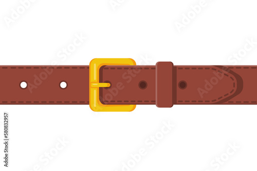 Brown leather belt. Clothing element stylish accessorie. Leather belts with texture, brown color. Vector illustration flat design. Isolated on white background.
