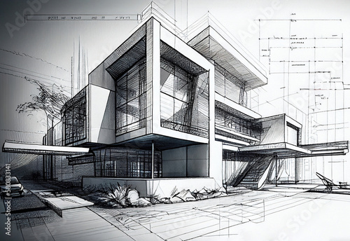 Pencil concept sketch drawing of a modern building made with generative AI