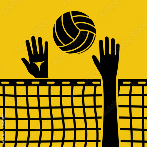 Volleyball action. Ball above net during a volleyball game. People hit their hands on the ball. Vector illustration flat design. Isolated on white background. Sports vacation, lifestyle.