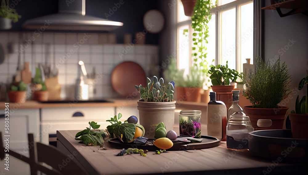 Lightly Lived Kitchen & Dining with Plants. Generative AI.