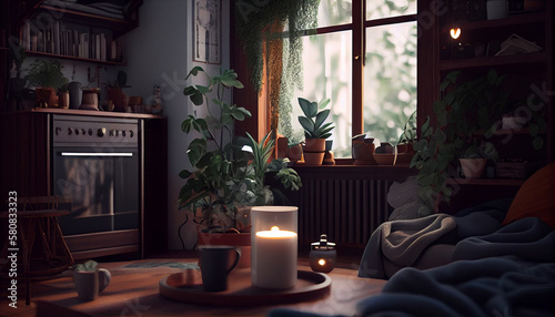 Cozy Living Room with Plants and Candles . Generative AI.