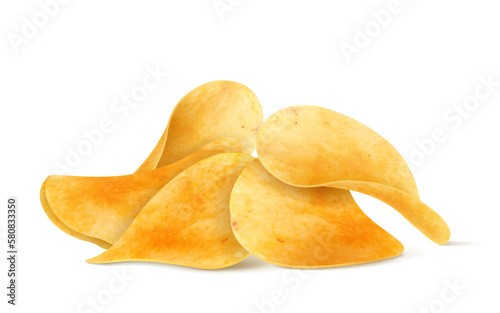 Crispy potato chips stack, pile and heap, realistic 3D vector . Isolated chips for advertising, package or promo ads, delicious food, ripple meal
